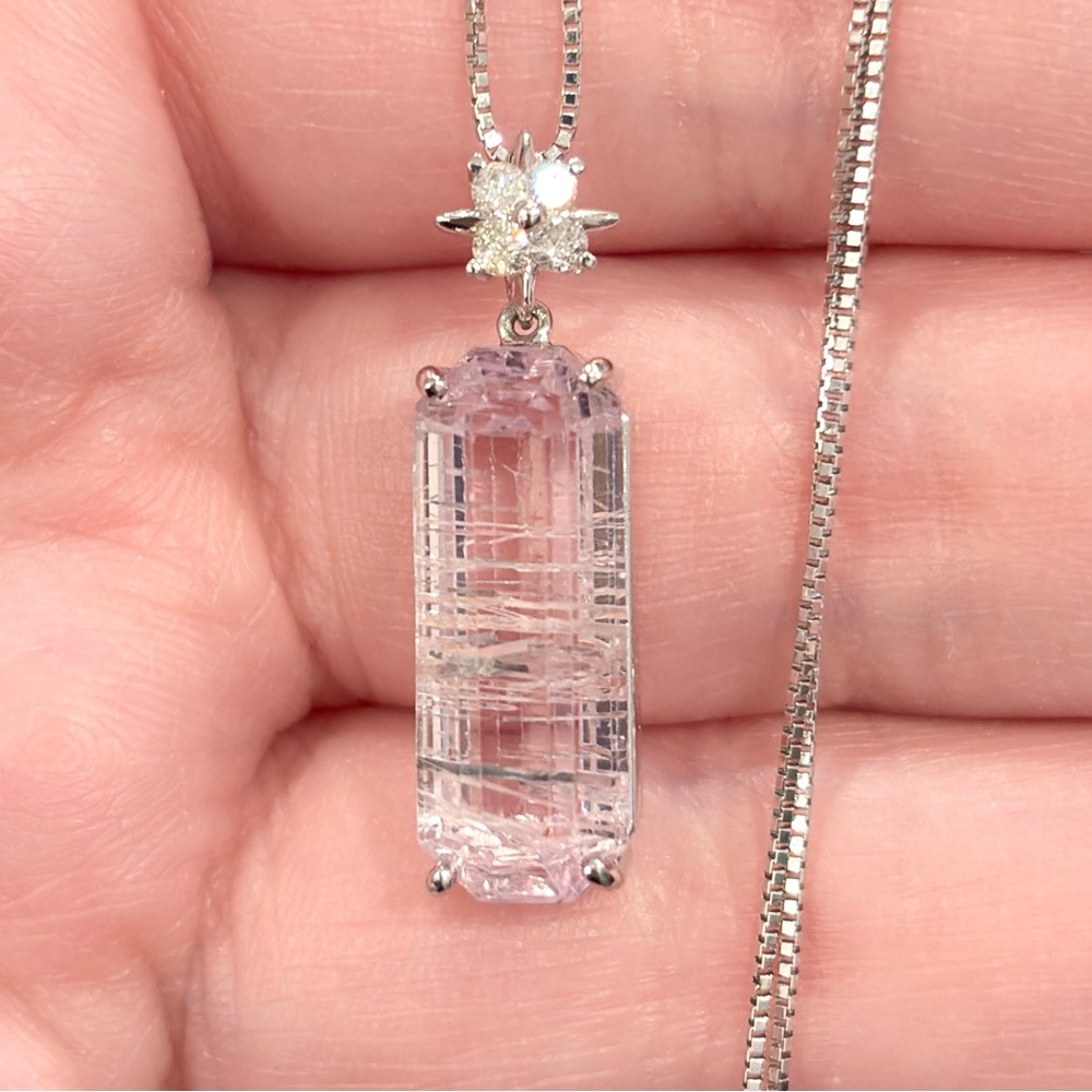 18K Rutilated Rose Quartz Diamond Necklace, White Gold, Floral, Pink Gem, Luxury